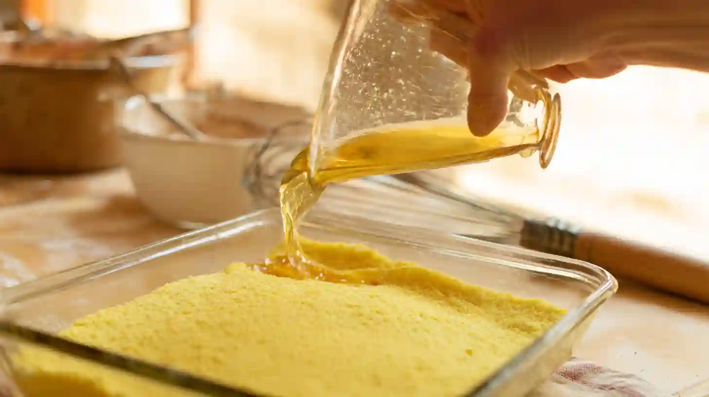 pouring-filling-pecan-pie-dump-cake-step4 Pouring filling over cake mix for easy pecan pie dump cake recipe and holiday dessert prep