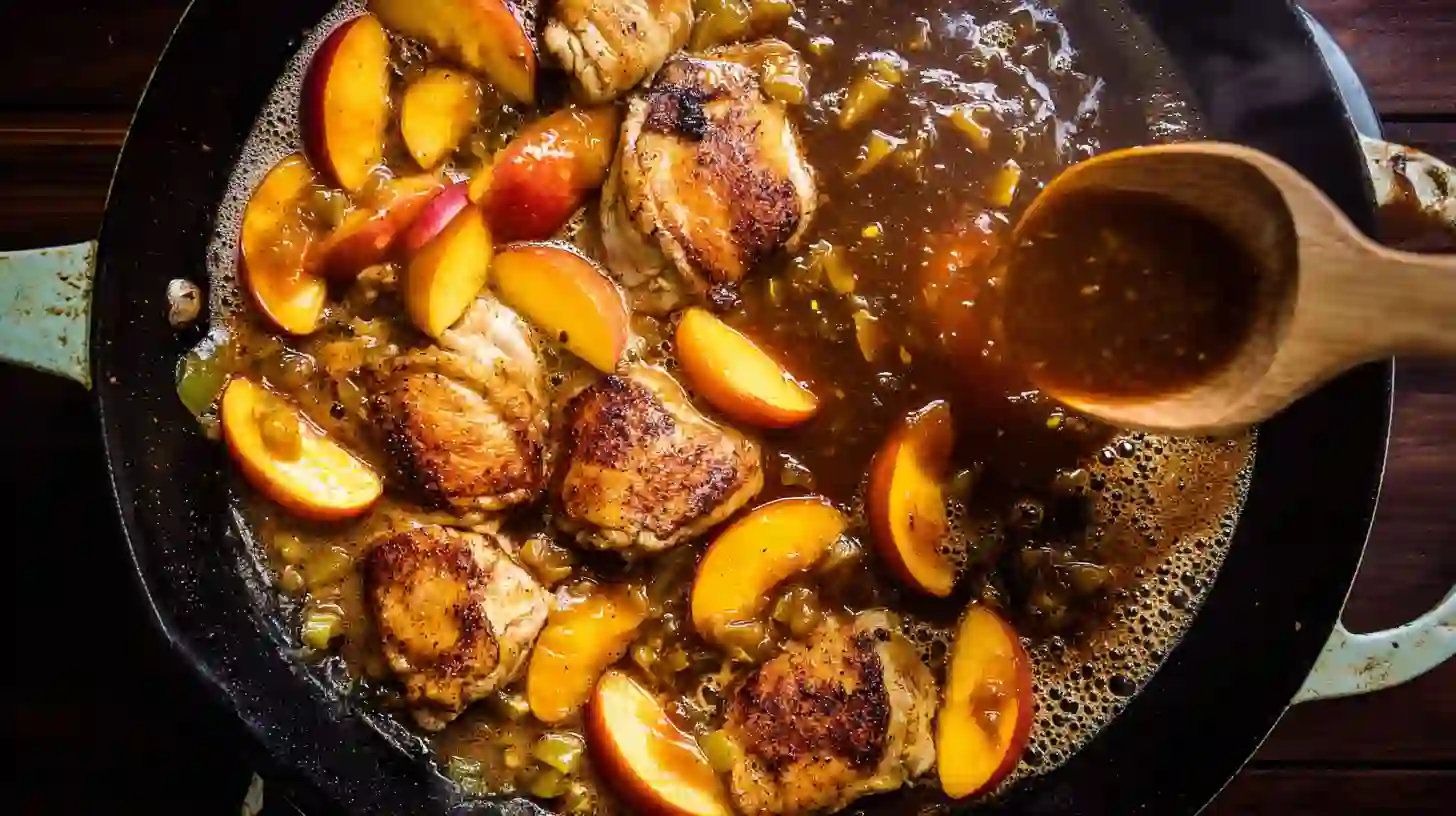 pouring-peach-jalapeno-sauce-over-chicken Pouring sweet and spicy peach jalapeño glaze over chicken in skillet