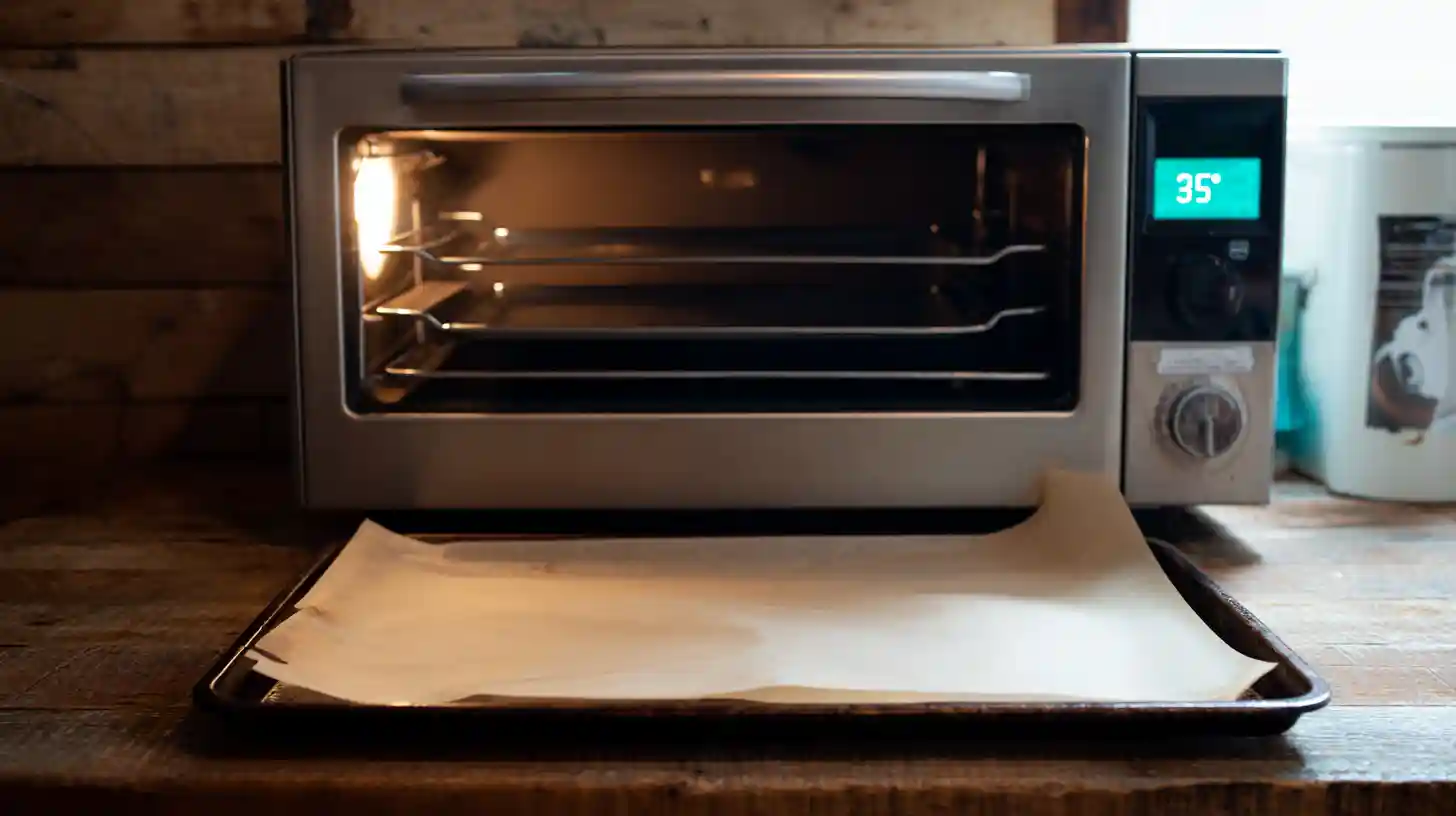 preheat-oven-beef-rollups Preheating oven and preparing baking sheet for garlic butter beef rollups