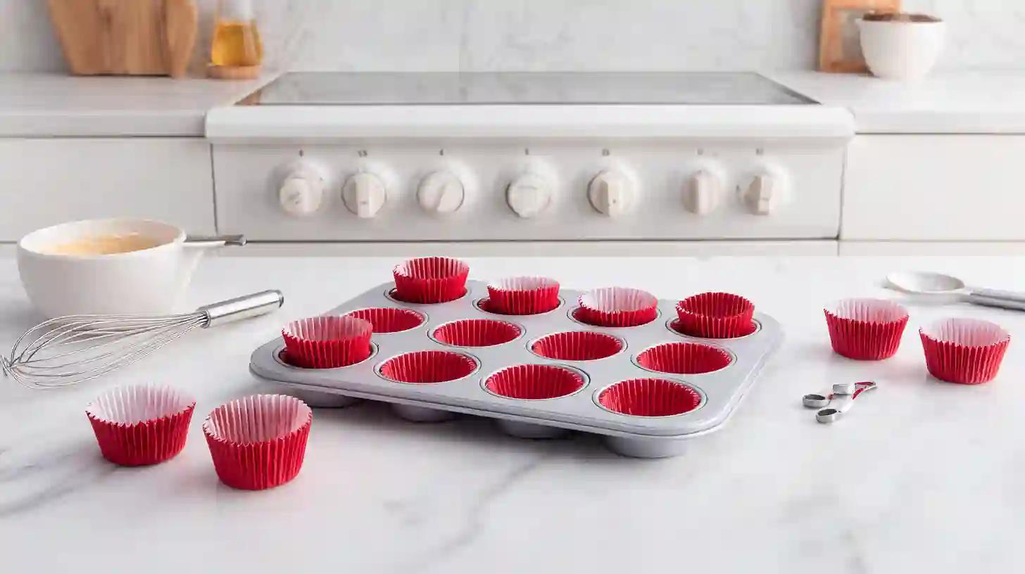 preheat-prep-strawberry-cheesecake-red-velvet-cupcakes Preheating oven and prepping pan for Strawberry Cheesecake Red Velvet Cupcakes Recipe – best cupcake setup using premium baking tools