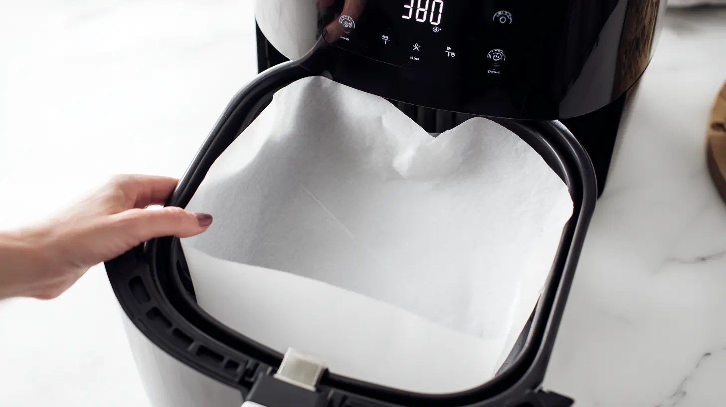 preheating-air-fryer-line-baske Preheating air fryer to 360°F and lining basket with parchment