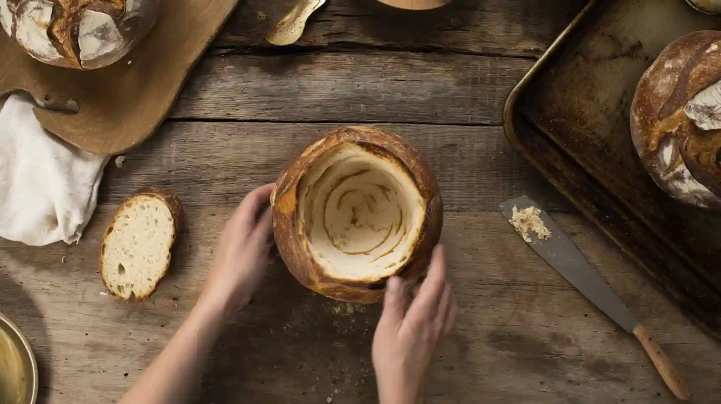 prep-bread-bowl-seafood-recipe Slicing and hollowing a bread bowl before toasting