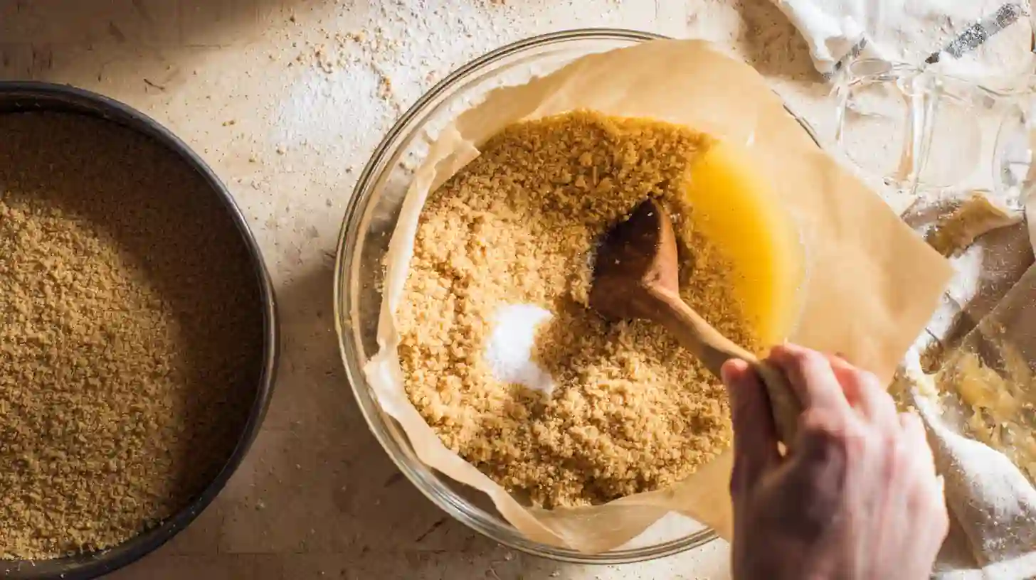 prep-graham-crust-cheesecake Mixing graham cracker crust for pecan pie cheesecake