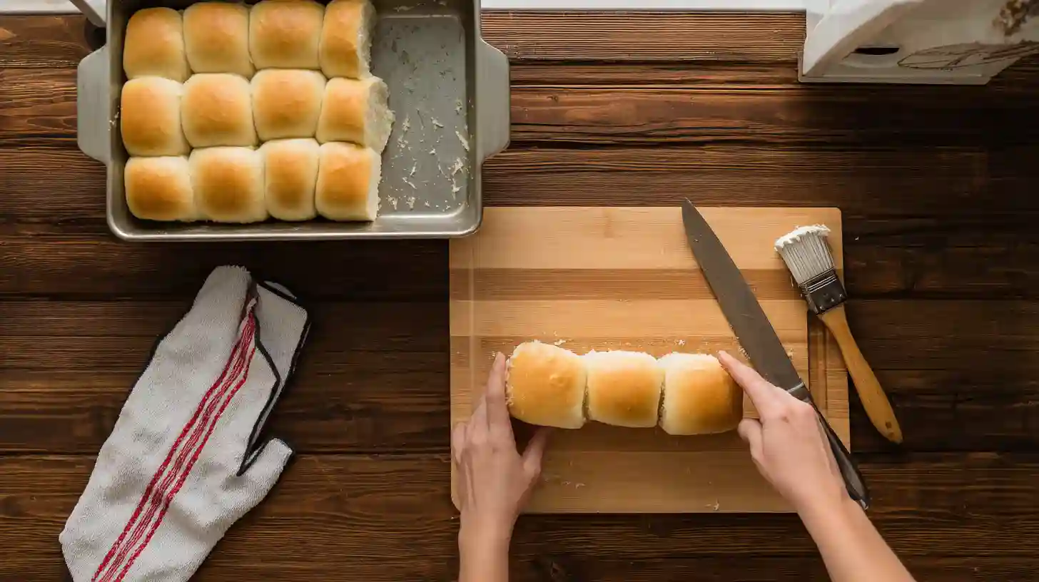 prep-hawaiian-rolls-slider-base Slicing Hawaiian rolls and prepping baking dish for chicken sliders