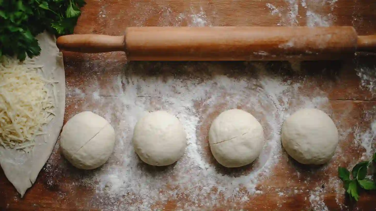 prepare-dough-air-fryer-chicken-alfredo-calzones Rolling pizza dough for air fryer chicken Alfredo calzones on a floured surface