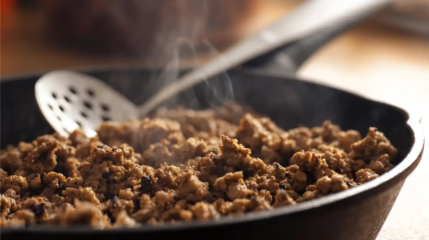 prepare-meat-homemade-school-pizza Browning sausage and beef crumbles in a skillet for school pizza