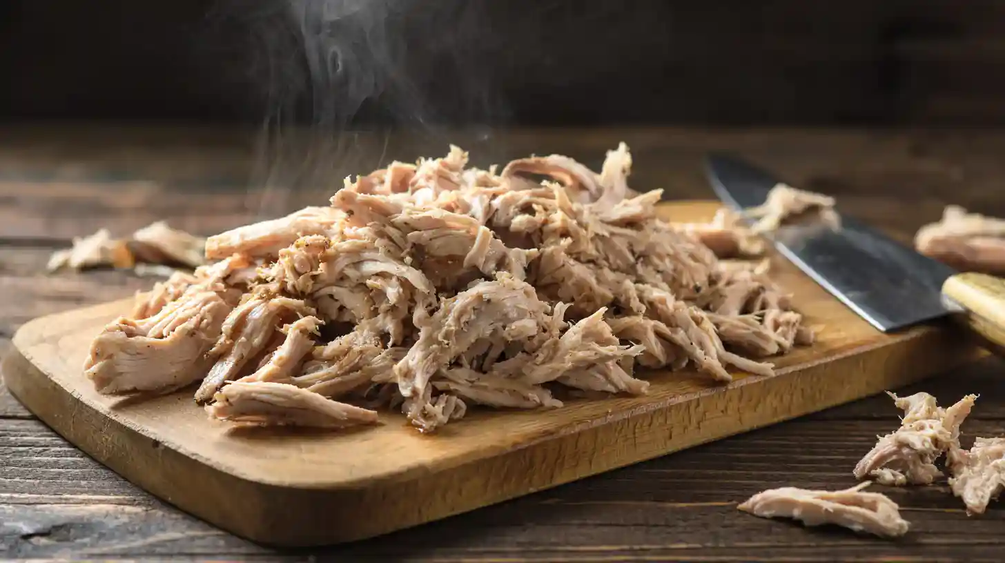 prepare-shredded-chicken-easy-burrito-recipe Shredded cooked chicken prepared for easy burrito recipes