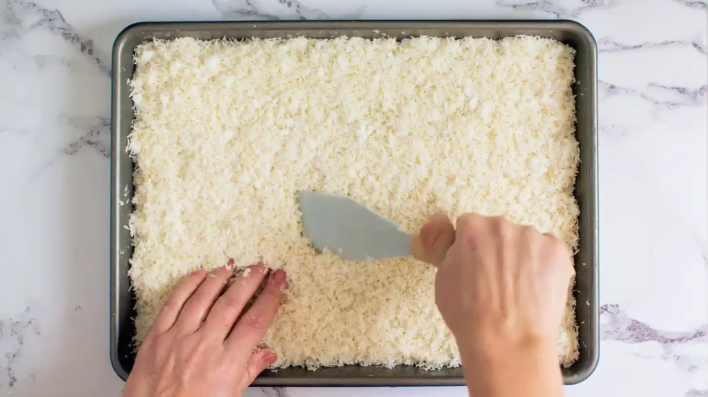 press-coconut-layer-in-pan Pressing coconut mixture into baking pan with spatula