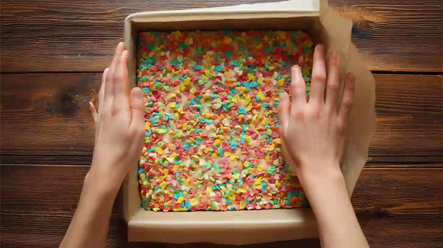 press-cookie-layer-fruity-pebbles-bars Pressing cookie dough layer into baking pan for cheesecake bars