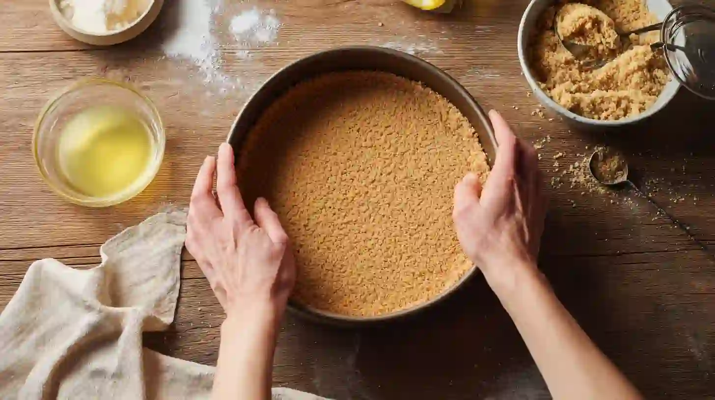 press-graham-crust-caramel-coffee-cheesecake Pressing graham cracker crust for Caramel Chocolate Coffee Cheesecake luxury dessert recipe