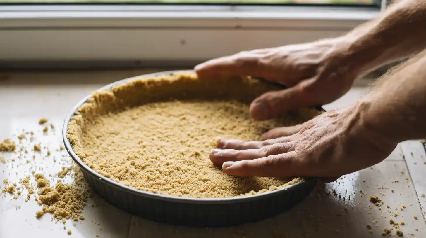 pressing-baking-graham-crust-lemonade-pie Pressing graham cracker crust into pie dish before baking