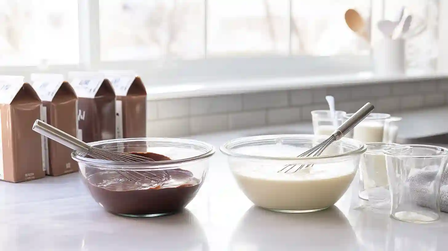 pudding-layer-healthy-dessert-step Preparing chocolate and vanilla pudding for layered healthy dessert