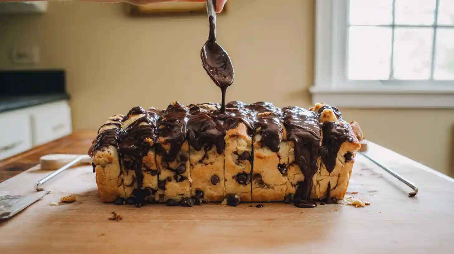pull-apart-cookie-dough-cheesecake-loaf-chocolate-glaze Drizzling rich chocolate glaze over Pull Apart Cookie Dough Cheesecake Loaf – perfect for best homemade baking ideas and budget-friendly desserts for families.