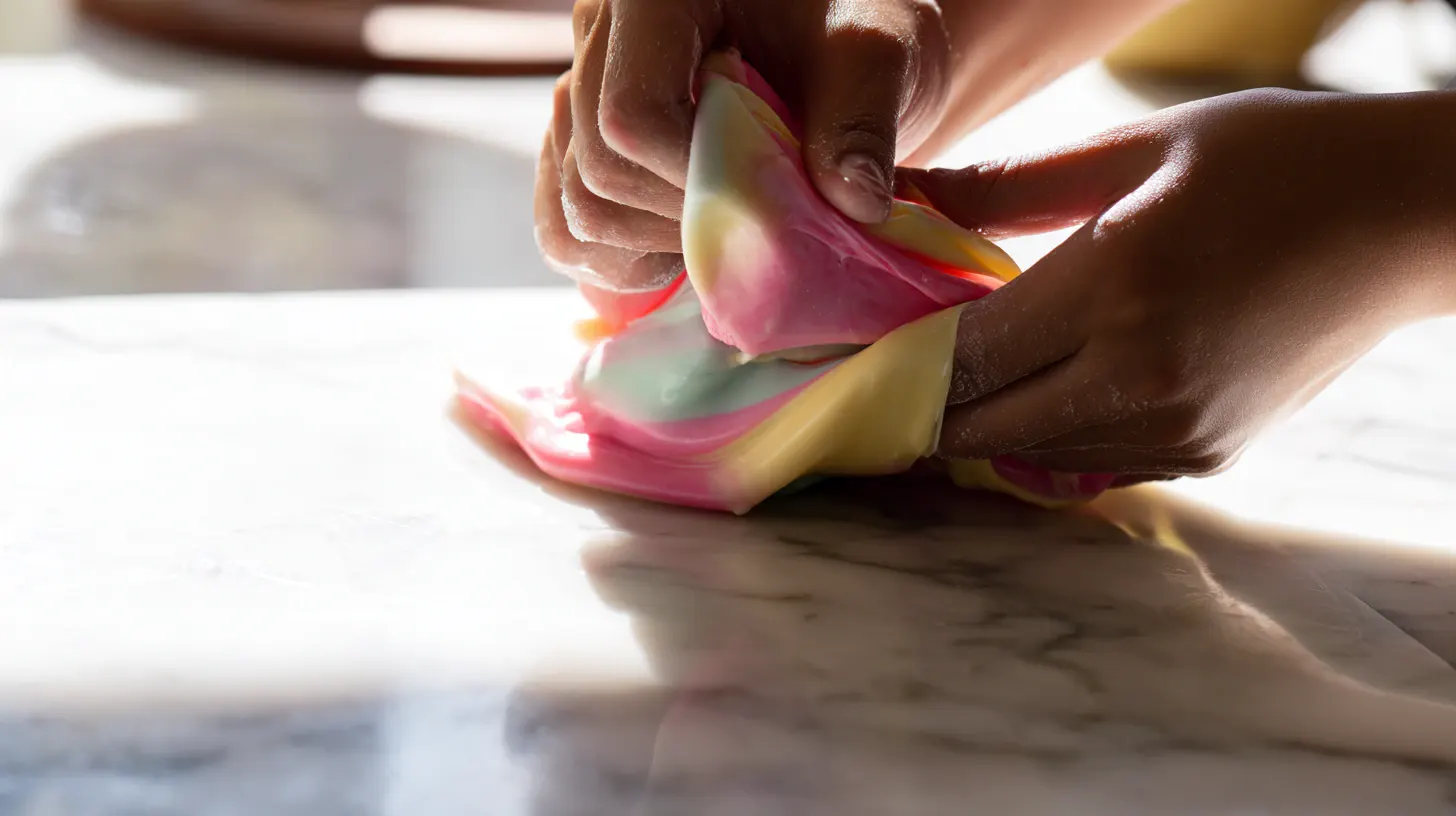 pulling-stretching-homemade-saltwater-taffy Stretching pastel saltwater taffy by hand on a buttered slab