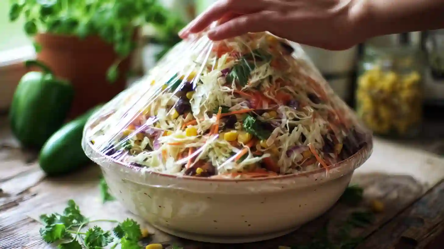 refrigerating-layered-mexican-coleslaw-salad Covering Mexican coleslaw salad with creamy dressing before refrigerating for vegetarian summer meal prep
