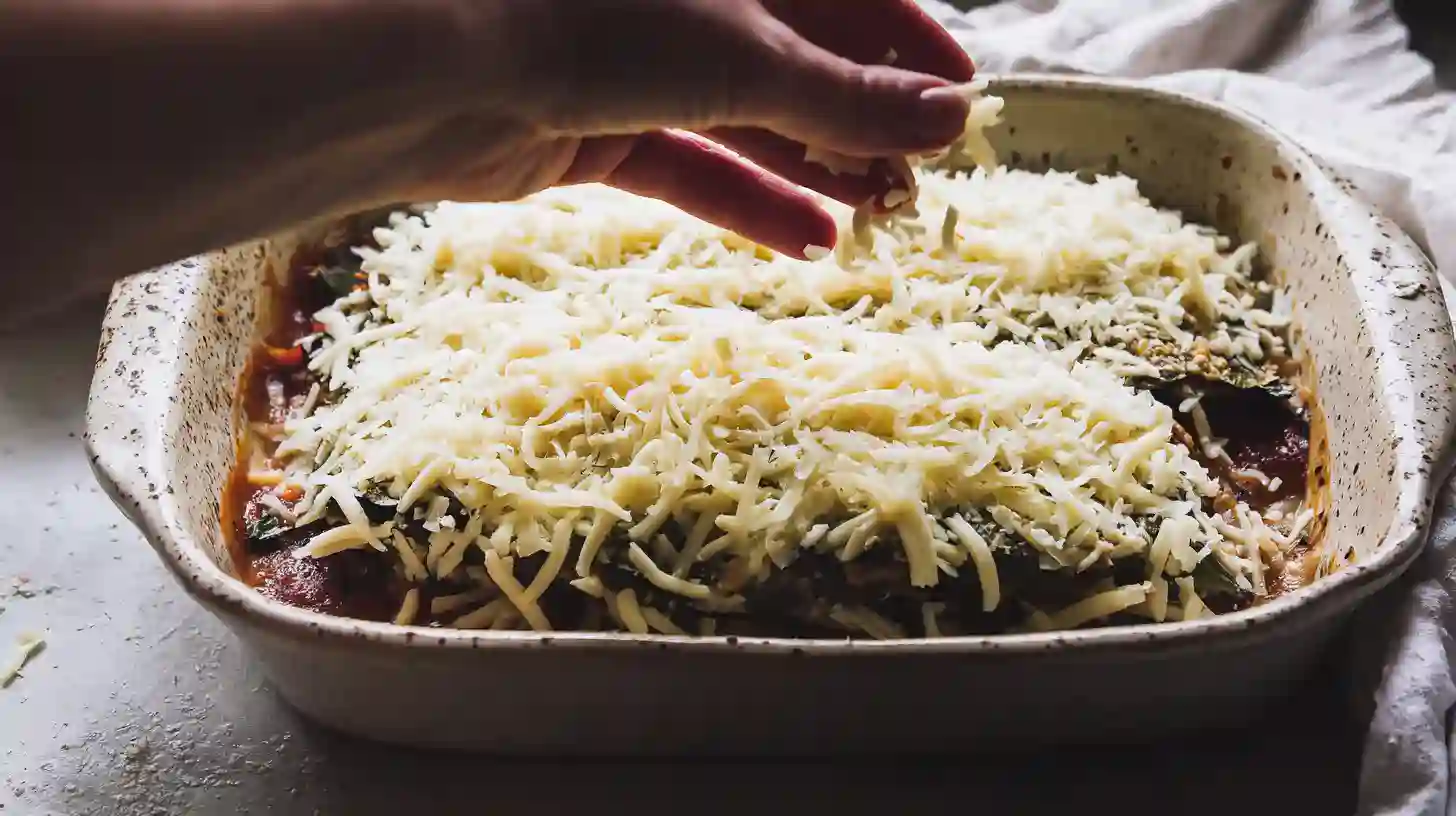 repeat-layer-cheese-chile-relleno-casserole Adding final layer of peppers and cheese to chile relleno casserole