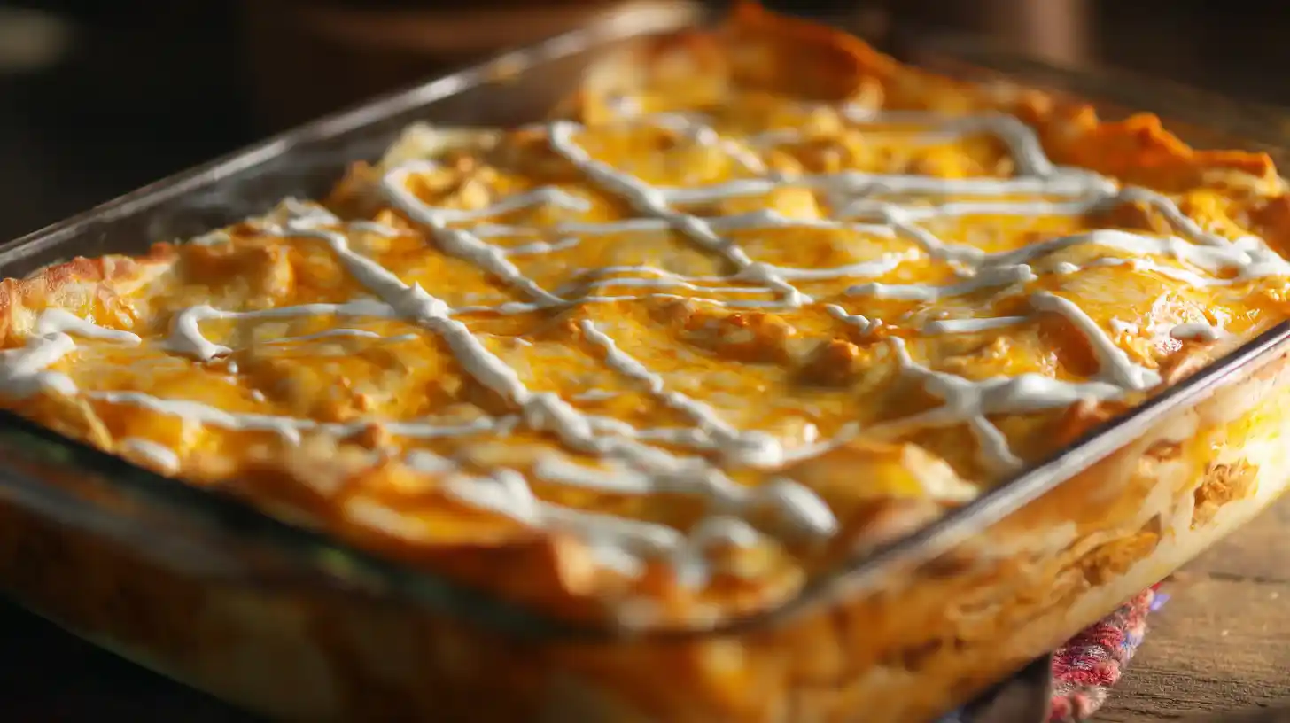 resting-serving-buffalo-Chicken-lasagna-with-a-Ranch-Twist-step7 Buffalo Chicken Lasagna with a Ranch Twist resting before slicing with ranch drizzle