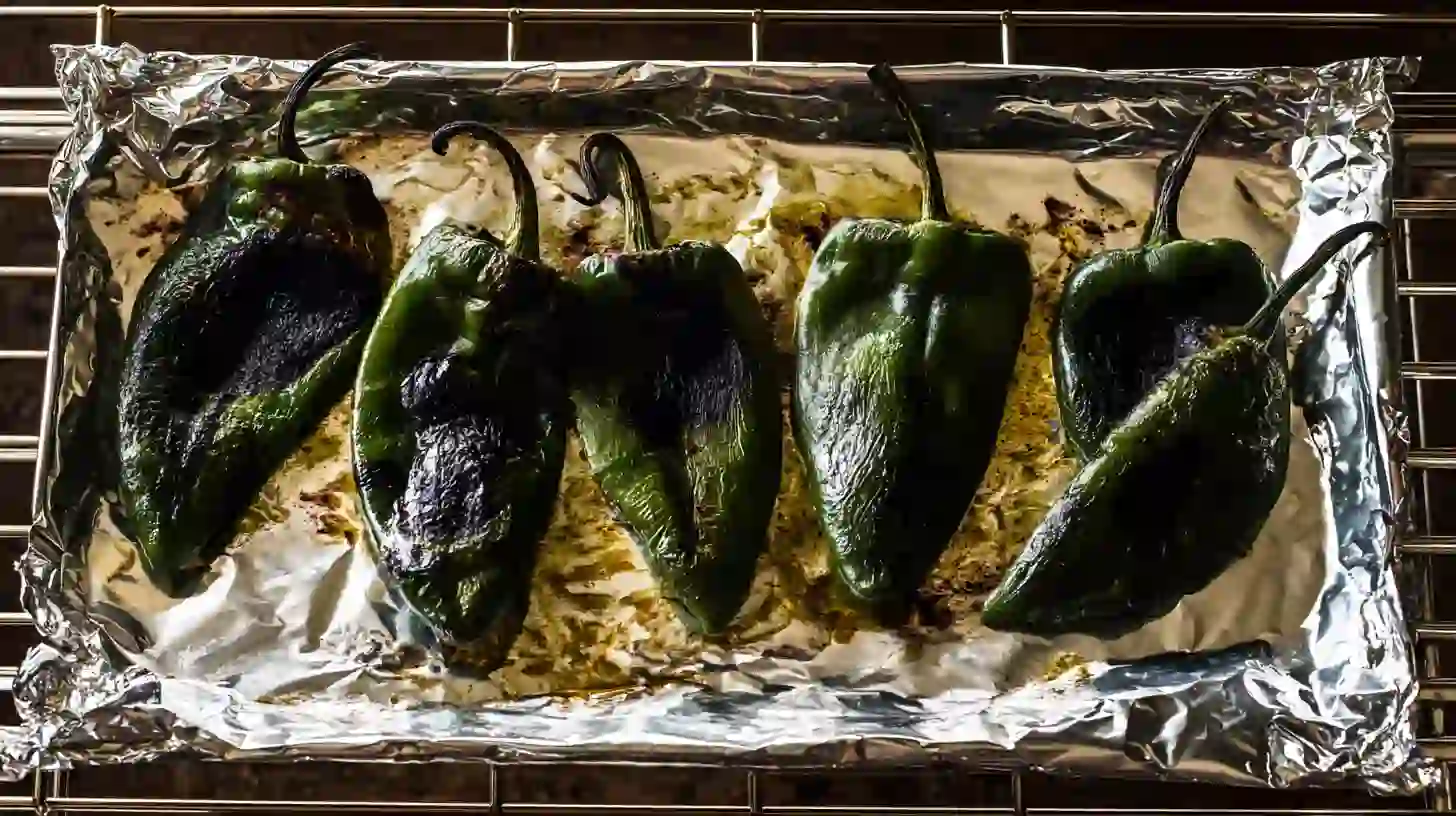 roast-poblano-peppers-broiler Poblano peppers roasting under broiler on foil-lined tray