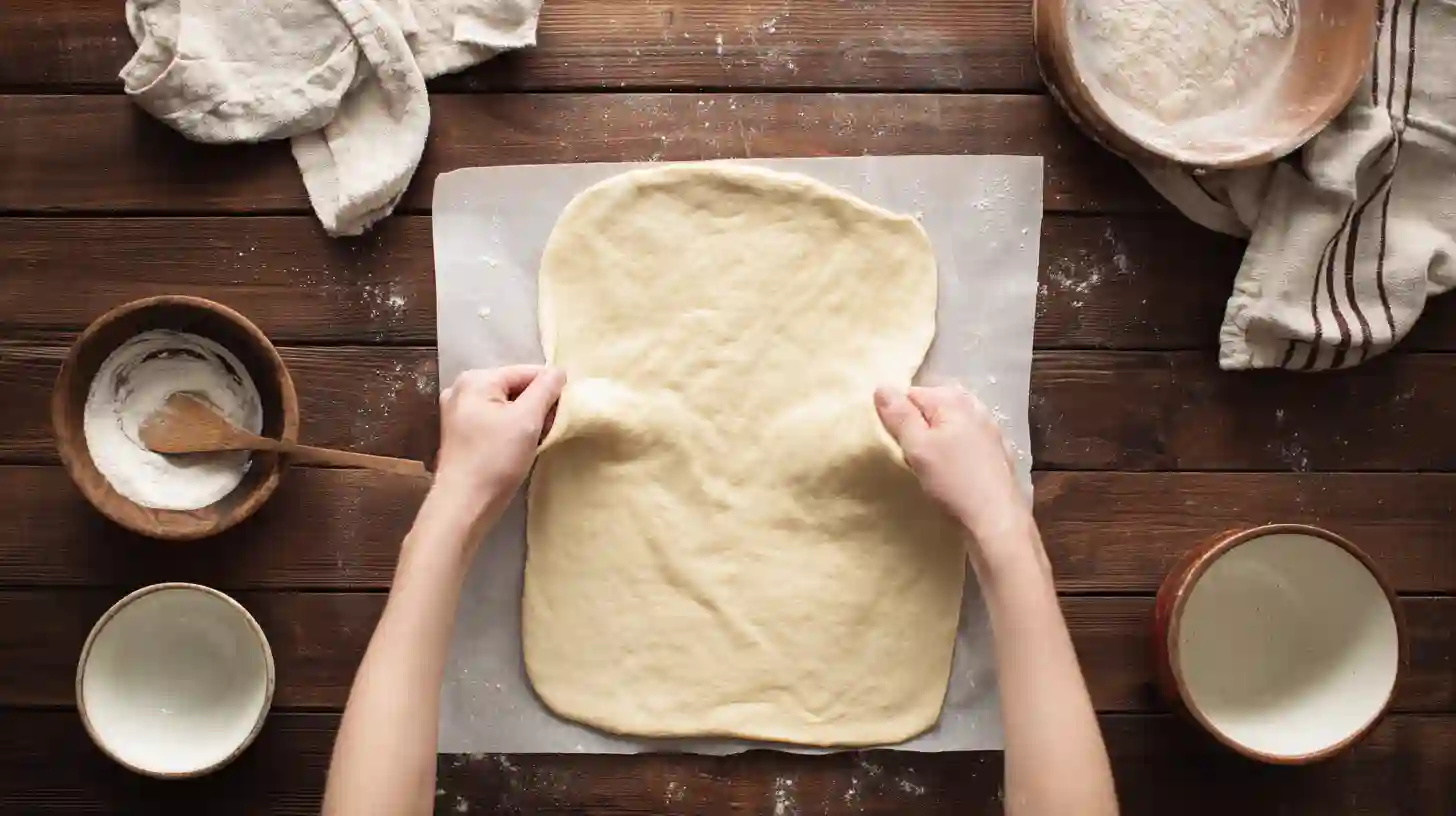 roll-pizza-dough-bbq-chicken-stromboli-step-2 Rolling pizza dough on parchment paper to shape BBQ chicken stromboli—ideal for easy dinner recipes for families and homemade comfort food.