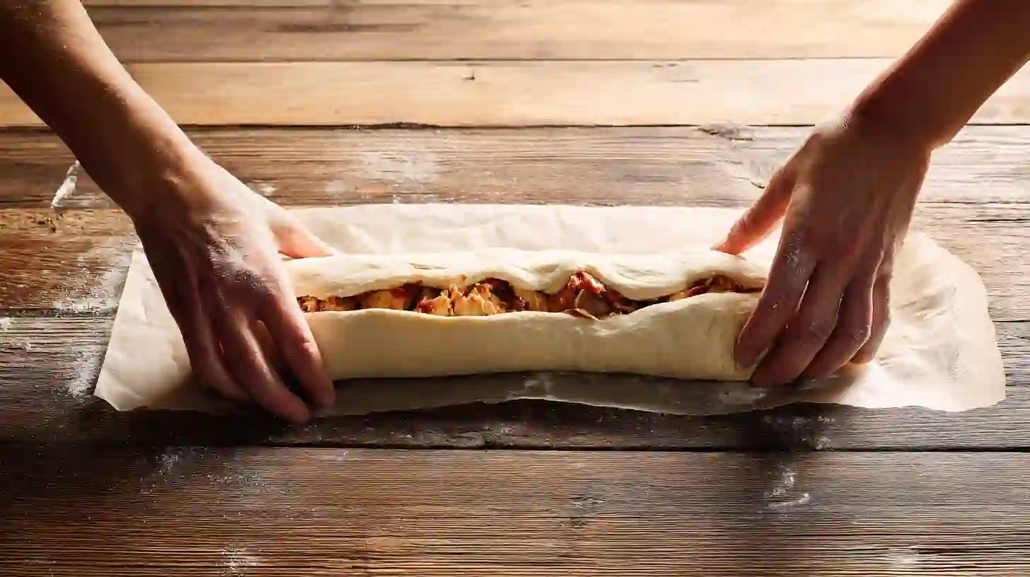 roll-stromboli-dough-bbq-chicken-step-5 Rolling BBQ chicken stromboli tightly on parchment—a quick comfort food recipe perfect for easy family meals.