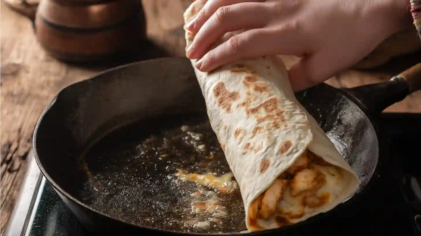 roll-toast-crispy-chicken-burritos Rolling and toasting crispy parmesan garlic chicken burritos in skillet for dinner
