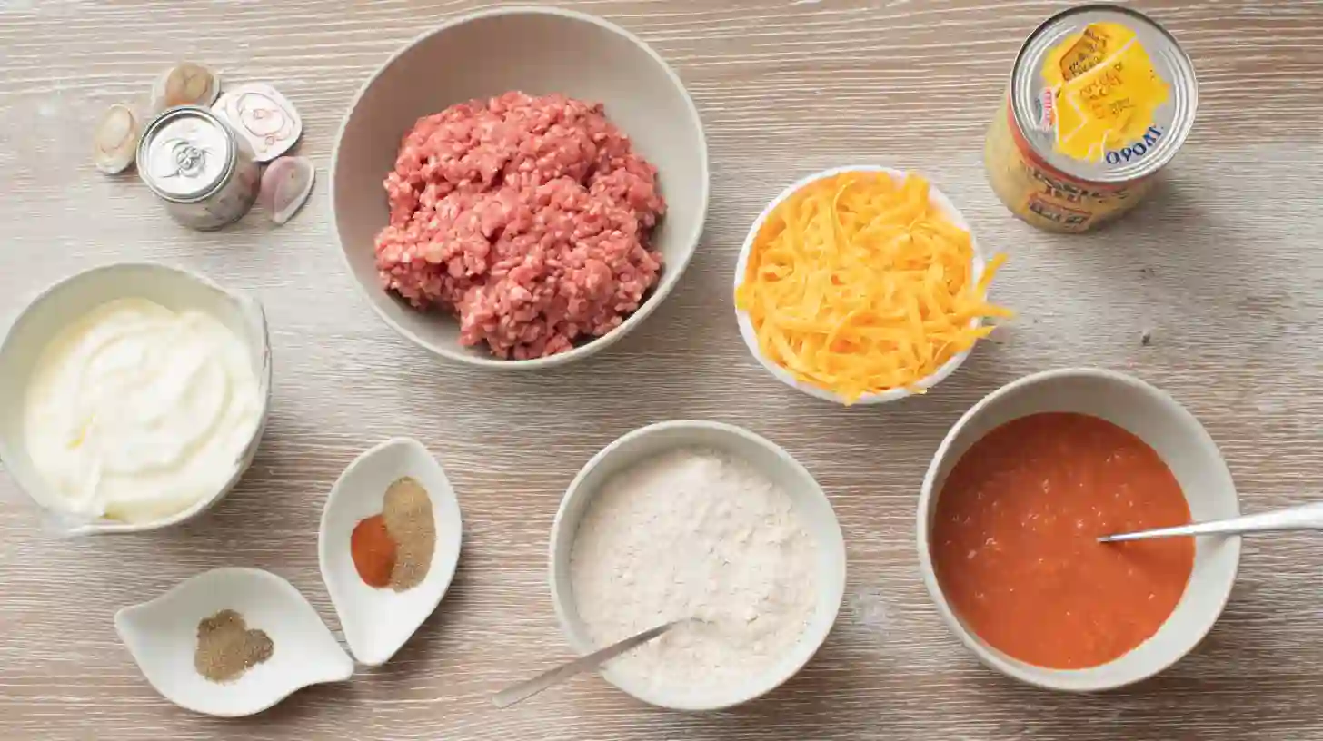 rotel-Spiced -sausage-and-cream-cheese-bites-ingredients Ingredients for Rotel Spiced Sausage and Cream Cheese Bites including sausage, Rotel, cheddar, and baking mix