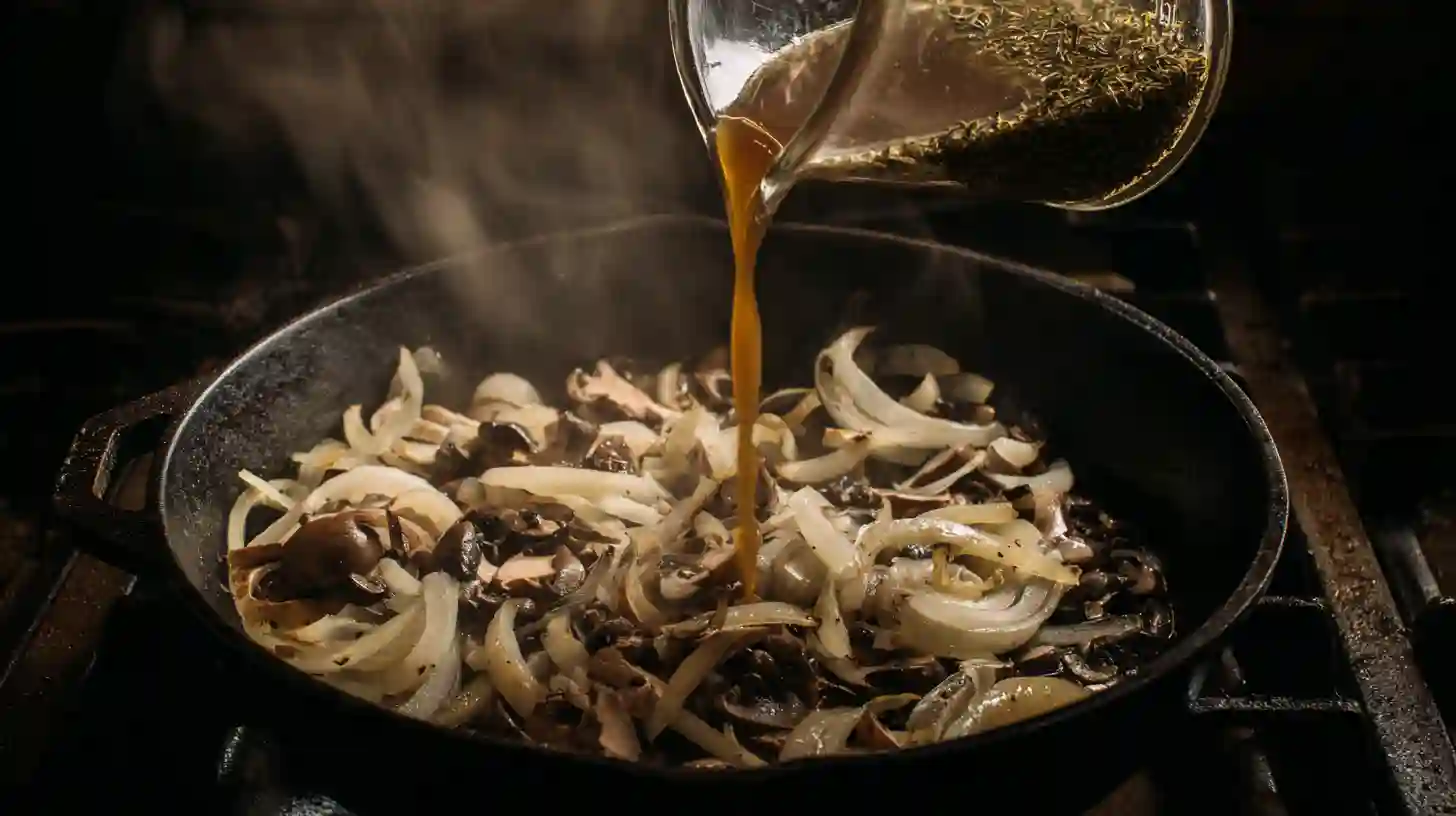 salisbury-steak-onions-mushrooms-gravy Sautéing onions and mushrooms in skillet with broth for Juicy Bobby Flay Salisbury Steak – ideal for gluten-free comfort food recipes and budget-friendly dinners for large families