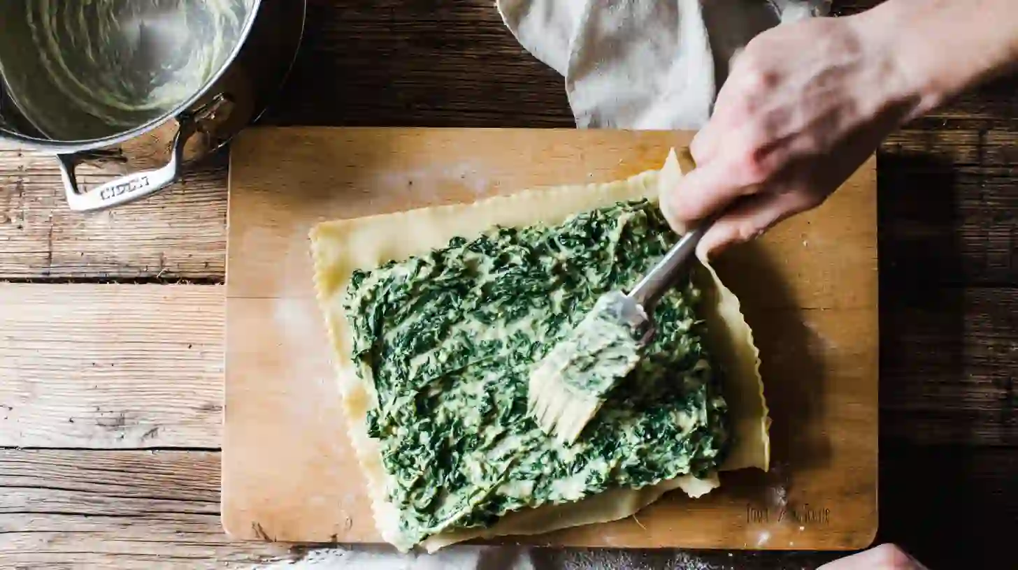 saucing-lasagna-sheet-alfredo-fried-rolls Spreading spinach Alfredo sauce for deep fried lasagna mozzarella sticks recipe, part of quick and cheap meals for busy families