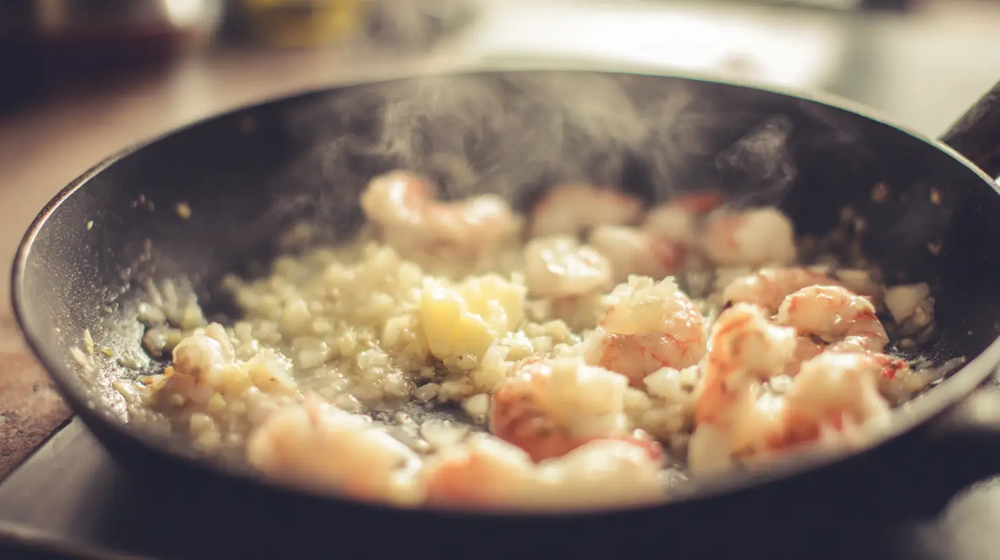 saute-aromatics-seafood-bread-bowl Cooking garlic, shallots, shrimp, and scallops in a skillet