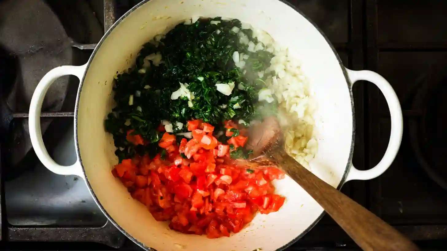 saute-bell-pepper-spinach-creamy-shrimp-tortellini sautéing red bell pepper and spinach in garlic and olive oil for creamy shrimp tortellini pasta