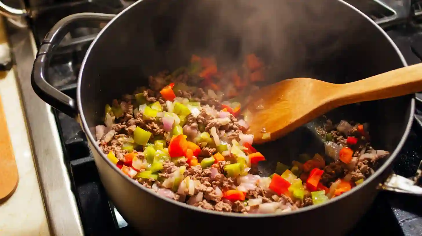saute-onion-bell-pepper-garlic-cajun-pasta Cooking onion, bell pepper, and garlic for one pot Cajun pasta – easy skillet meals for families