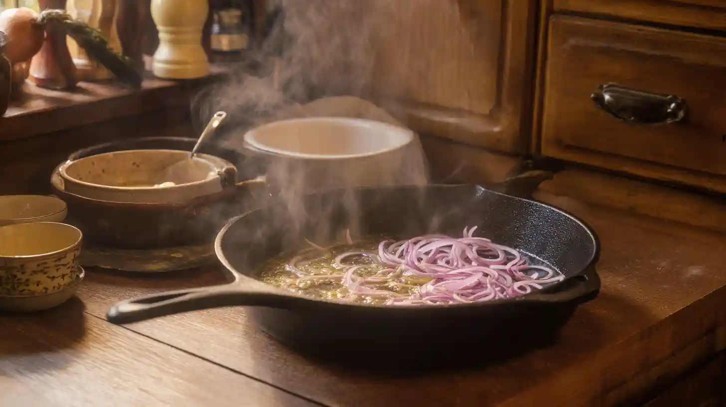 saute-onions-bbq-chicken-cheese-stromboli-step-1 Sautéing red onions in butter inside a skillet for BBQ chicken stromboli—perfect start for quick weeknight meals and easy comfort food recipes.