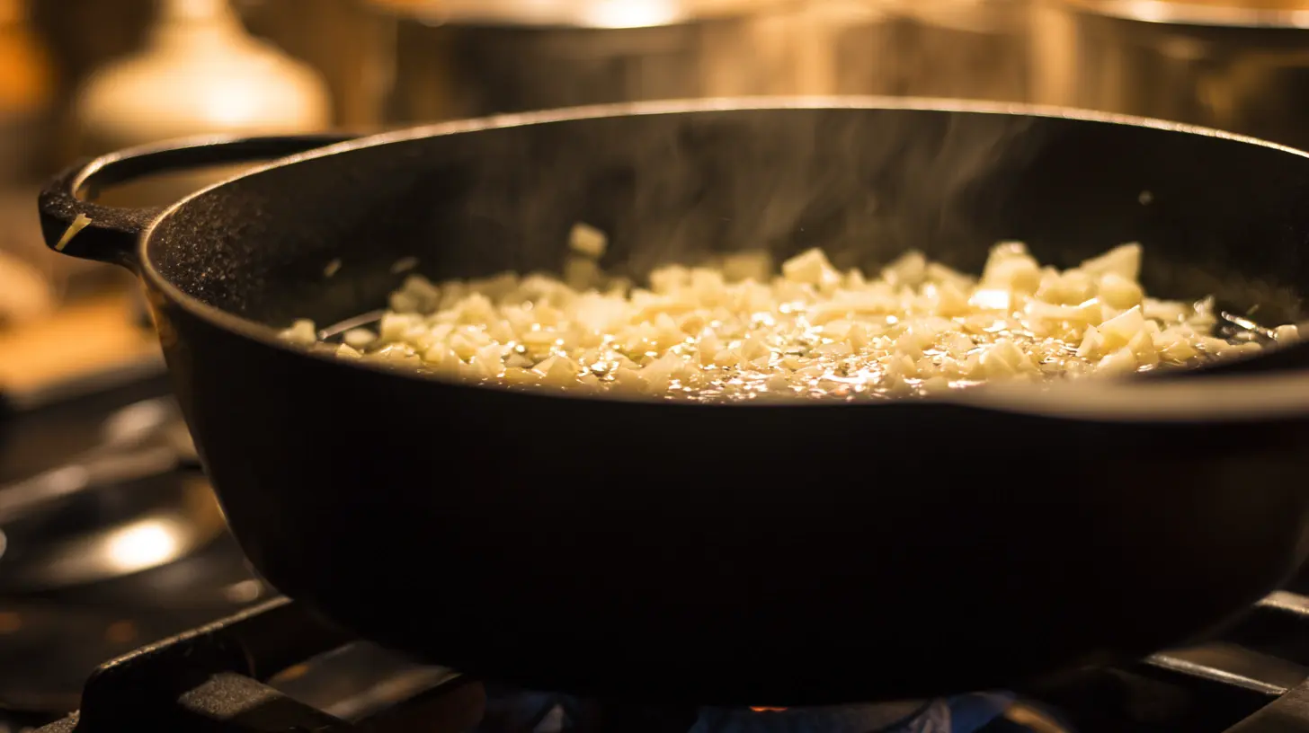 saute-onions-garlic-poblano-soup Sautéing onions and garlic in olive oil for creamy poblano soup