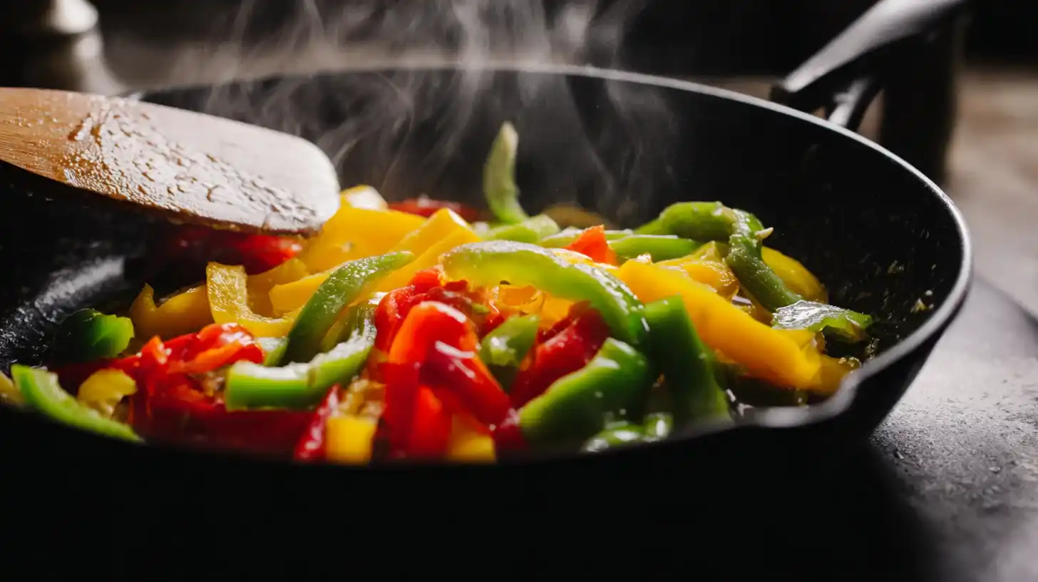 sauteed-bell-peppers-easy-burrito-recipe Bell peppers sautéing in skillet for chicken burrito filling