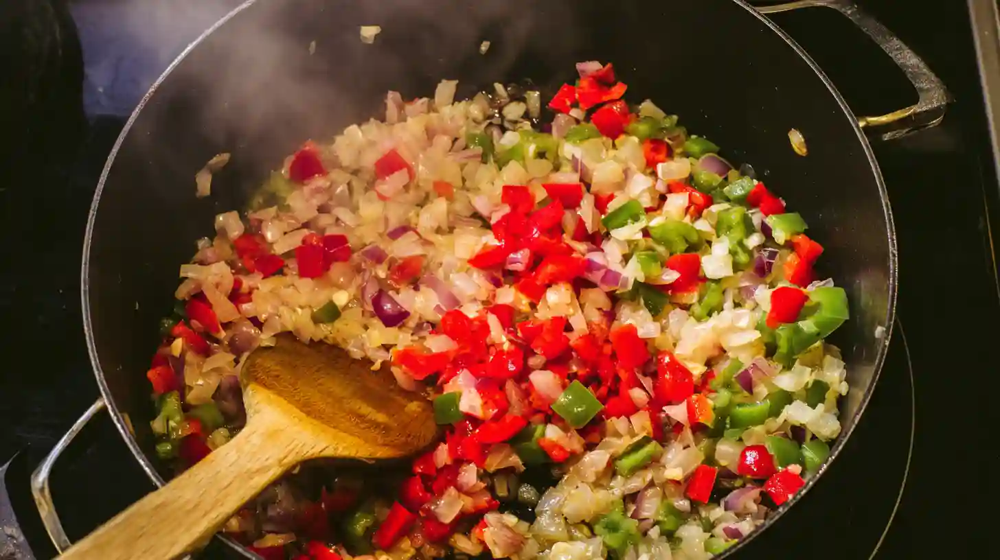 sauteed-onion-bell-pepper-garlic Chopped onion, bell pepper, and garlic sautéing in a pot
