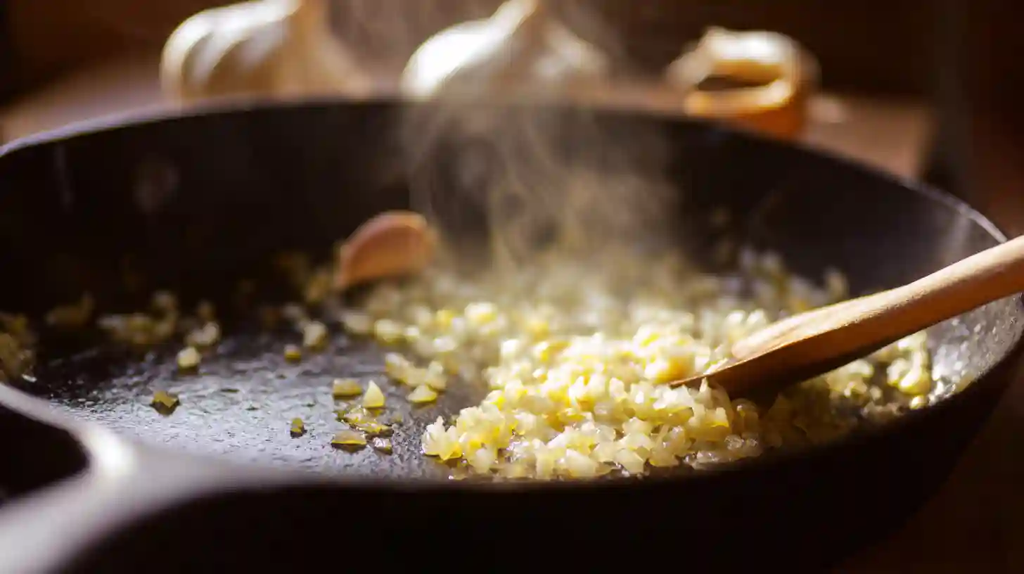 sauteing-onions-garlic-juicy-salisbury-steak Sautéing onions and garlic in skillet for Juicy Bobby Flay Salisbury Steak – a great start for gluten-free comfort food recipes and budget-friendly dinners for large families