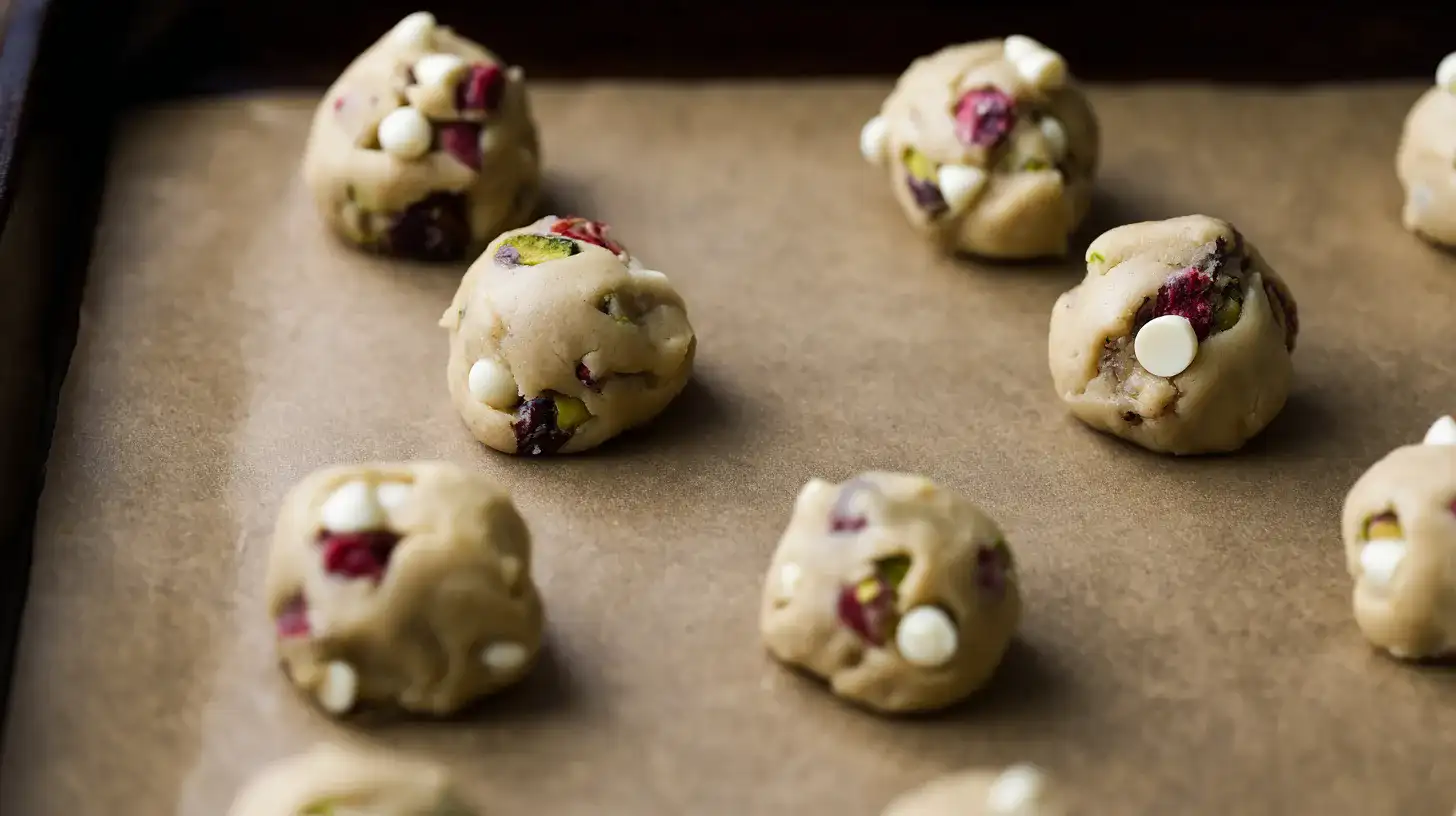 scoop-space-cookie-dough-balls Scooped cookie dough balls on baking sheet ready to bake