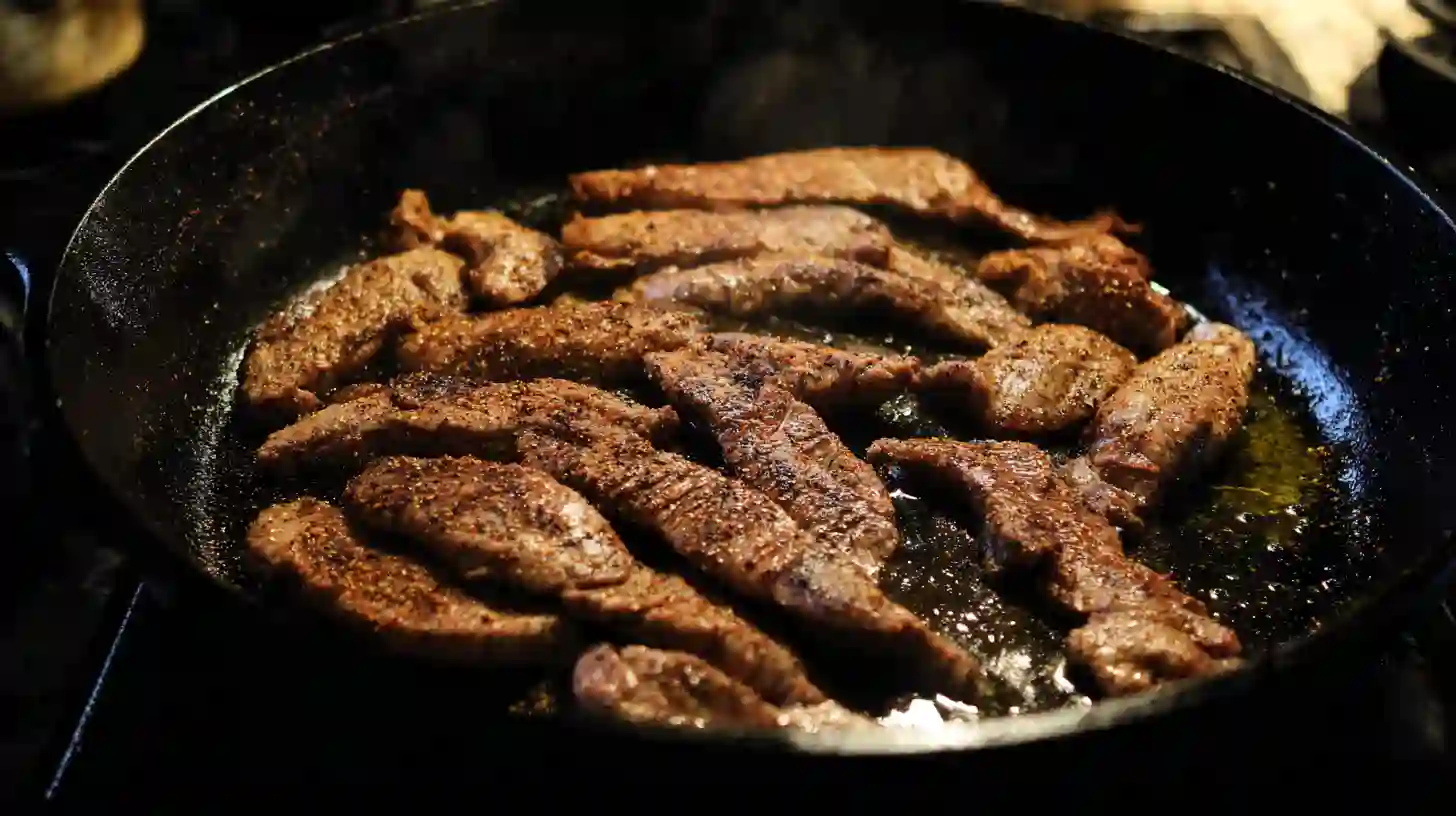 sear-cajun-steak-step2 Cajun steak strips searing in a hot skillet