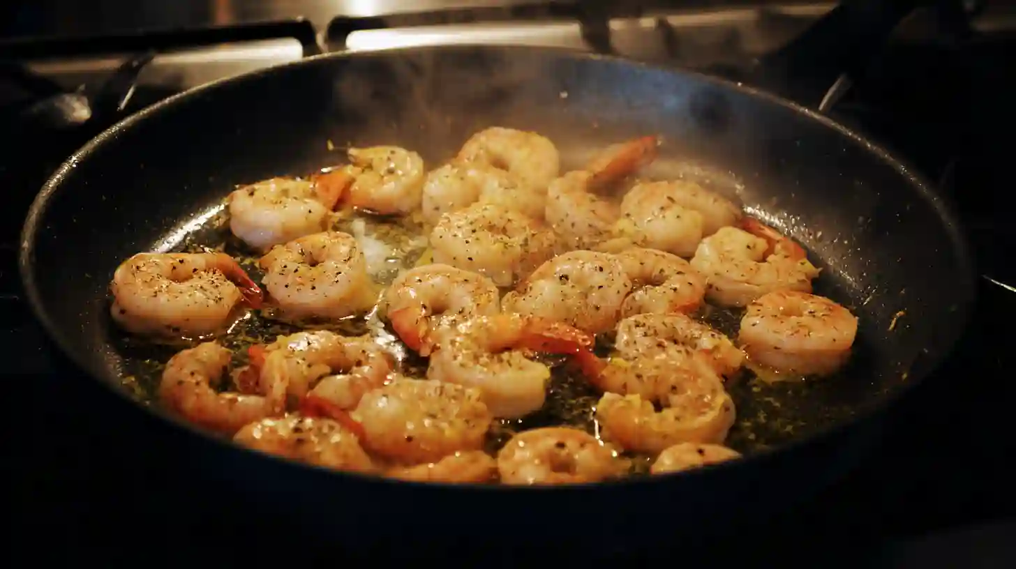 seared-seasoned-shrimp-in-skillet Seasoned shrimp cooking in olive oil in a large skillet.high-protein meals for muscle gain