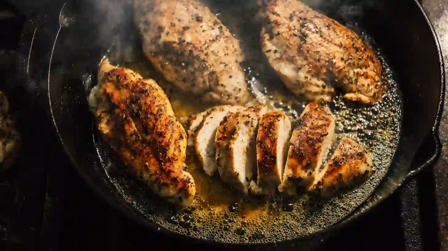 searing-cajun-chicken-skillet-step3 Cajun chicken slices searing in skillet with butter and oil