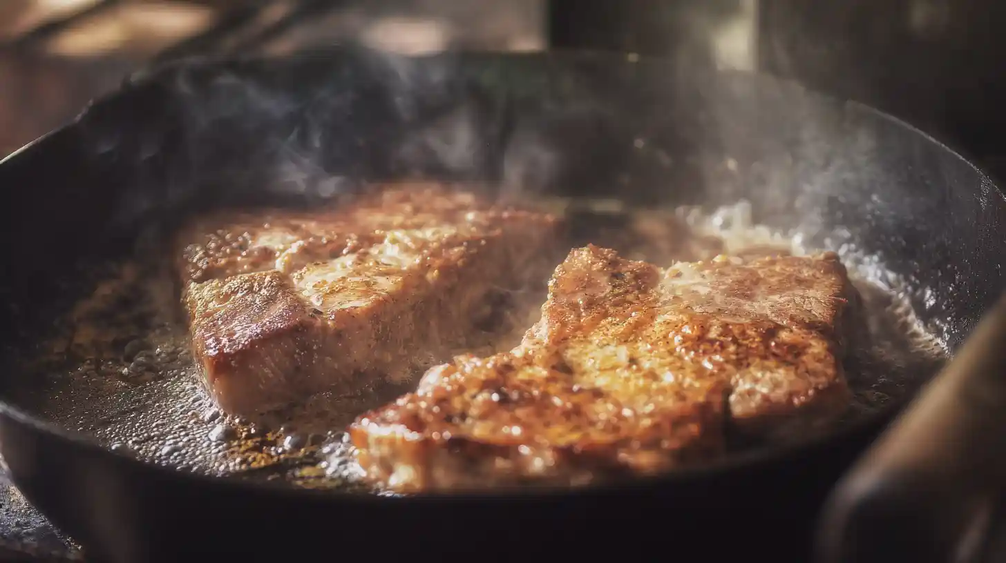 searing-pork-chops-cast-iron searing seasoned pork chops in cast iron skillet