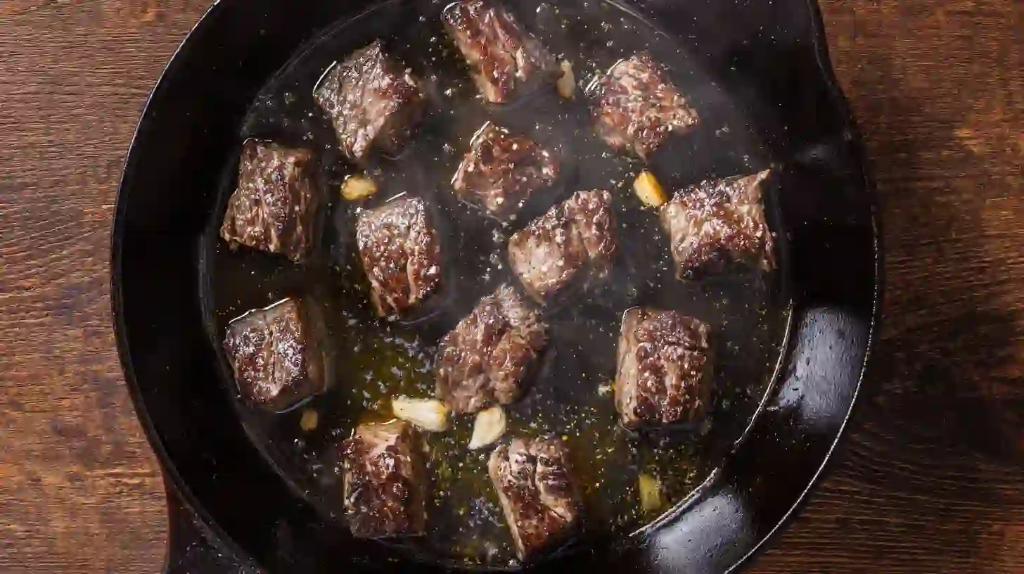 searing-steak-garlic-butter-alfredo-recipe Searing Cajun-seasoned steak bites in butter and olive oil for high-protein garlic butter steak dinner