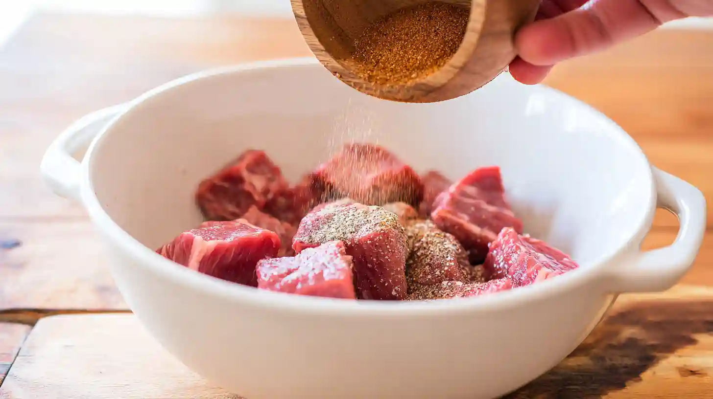 seasoned-steak-bites-cajun-garlic-recipe Seasoning sirloin steak cubes with Cajun spices for garlic butter steak bites, a high-protein dinner recipe