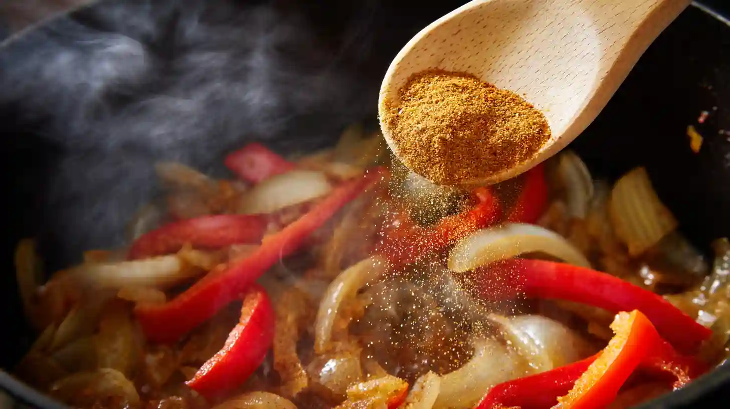 seasoning-cajun-pasta-base Sprinkling Cajun seasoning and spices into sautéed vegetables