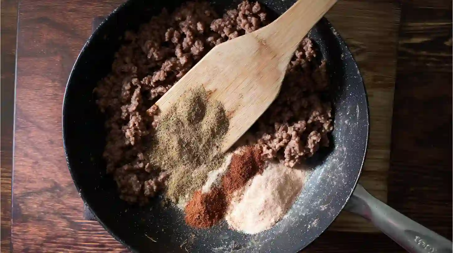 seasoning-ground-beef-queso-dip Seasoning browned beef with taco seasoning and spices for queso dip