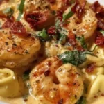 creamy garlic shrimp tortellini served in bowls with parmesan and basil.dinner recipes with cream sauce.budget-friendly seafood recipes