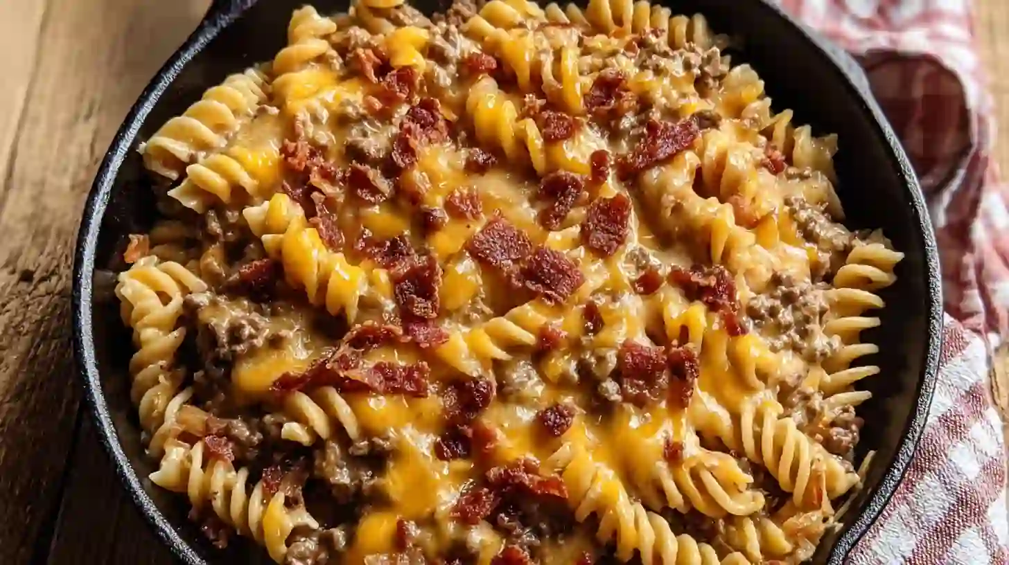 serve-bacon-cheeseburger-pasta-step5 Served hot bacon cheeseburger pasta topped with cheddar and bacon