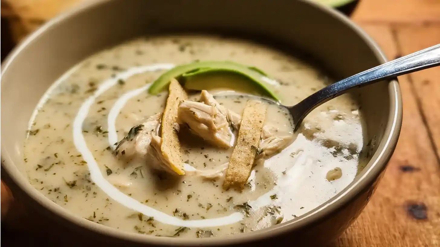serve-creamy-poblano-chicken-Rellenos-soup Finished Easy Creamy Poblano Chicken Rellenos Soup with avocado, crema, and tortilla strips