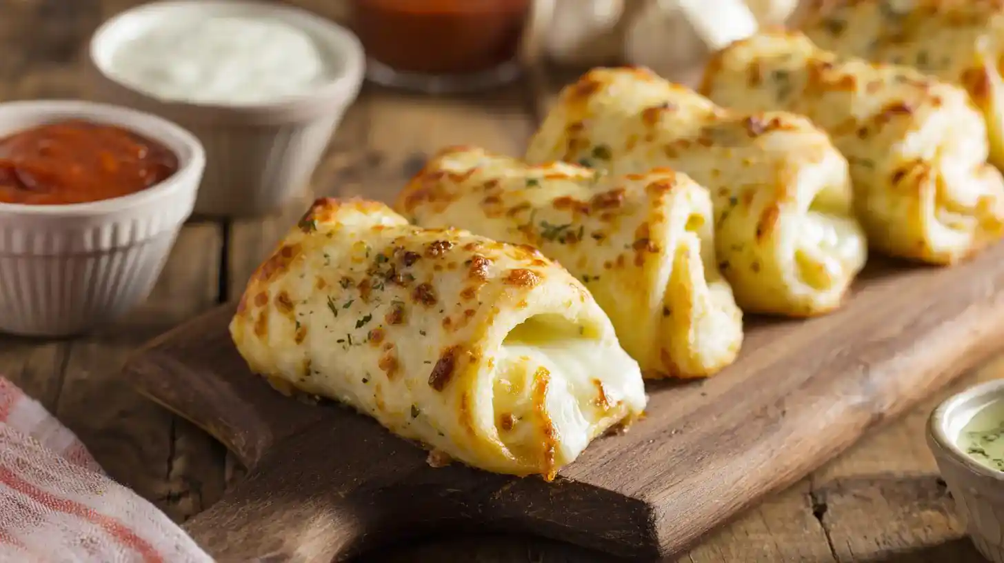 serve-garlic-butter-rollups-with-sauce cheesy garlic butter rollups served warm with dipping sauces