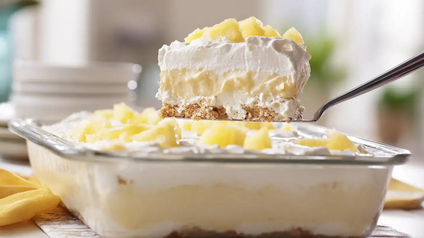 serve-slice-No-Bake-pineapple-heaven-cheesecake-Dessert Serving a slice of chilled No-Bake Pineapple Heaven Cheesecake Dessert from dish
